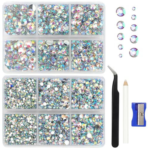 LPZMPZ Strasssteine für Textilien Glitzersteine zum Basteln Rhinestones Gemischt in 5 Größen mit Picking-Pinzette und Wachsstift für DIY, Nägel, Kleidun, Handwerk, SS6-SS30 (Kristall AB) von LPZMPZ