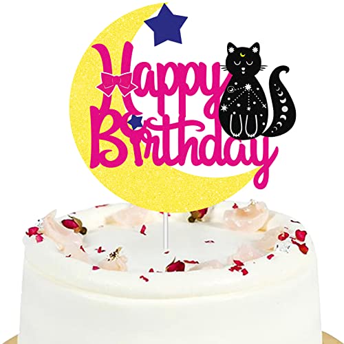 Mond Katze Happy Birthday Kuchenaufsatz – Miow Kitty Katze Geburtstag Party Baby Shower Supplies – Mond Mädchen Geburtstag Party Glitzer Niedliche Katze Kuchen Dekoration Supplies von LQINBIBJ