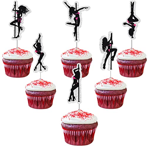 Pole Dancing Cupcake Topper – Schwarze Glitzerstange tanzende Cupcake Plektren Junggesellinnenabschied Brautparty Geburtstag Party Kuchen Dekorationen Zubehör – Strippers Cupcake Topper (18 Stück) von LQINBIBJ