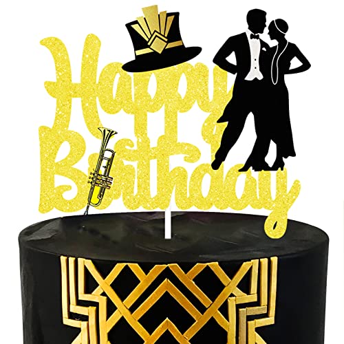 Roaring 20 Roaring 20's Happy Birthday Kuchendekoration – 1920er Jahre Vintage Flapper Hochzeit Kunst Dekor Jazz Tanz Party Zubehör – Schwarz und Gold Geburtstag Party Dekorationen für Frauen Herren Kuchendekoration von LQINBIBJ