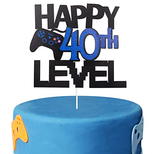 Videospiel-Tortenaufsatz für Happy 40th Level Geburtstag Dekoration – Glitzer Happy 40th Birthday Videospiel Cake Topper – Gamer Levle 40. Geburtstag Party Kuchen Dekorationen von LQINBIBJ