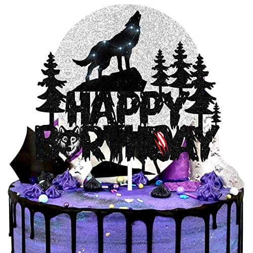 Wolf Happy Birthday Cake Topper - Timberwolf Hule Glitzer Vollmond Kuchen Topper - Dschungel Wilde Tier Party Jungen Mädchen Wolf Geburtstag Party Dekorationen Supplies von LQINBIBJ