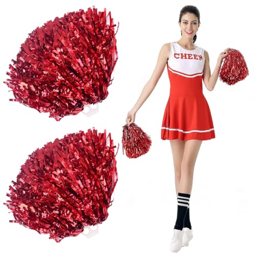 LQIOACU 2 Stück Rot Cheerleader Pompons, Pompons Cheerleader, Pom Poms Cheerleading, Metallic Tanzwedel PET Tanzpuschel Cheers Ball Zum Schule Sport Prost Tanz Nacht Party von LQIOACU