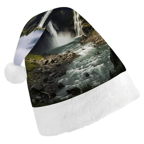 LQPMNK Weihnachtsmütze, Berg- und Wasserfall-Druck, Winter-Festival-Kopfbedeckung, Urlaub, Foto-Requisite, Weihnachtsmannmütze, warm und weich von LQPMNK