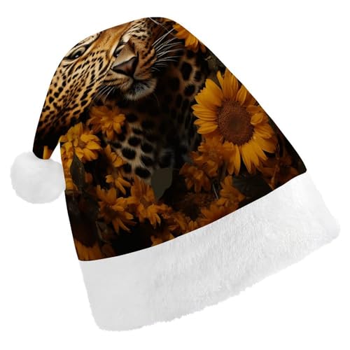 LQPMNK Weihnachtsmütze, Leoparden- und Sonnenblumen-Druck, Winter-Festival, Kopfbedeckung, Urlaub, Foto-Requisite, Weihnachtsmannmütze, warm und weich von LQPMNK