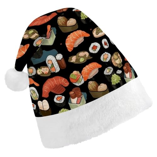 LQPMNK Weihnachtsmütze, schwarzer Sushi-Druck, Winter-Festival-Kopfbedeckung, Urlaub, Foto-Requisite, Weihnachtsmannmütze, warm und weich von LQPMNK