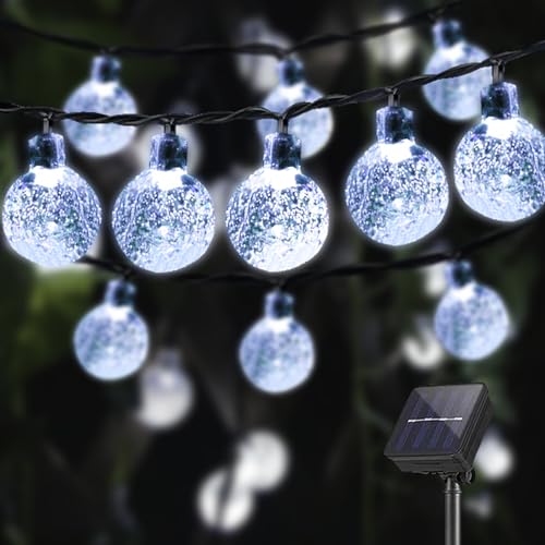 LQWELL® Solar Lichterkette Aussen 3M 10LED 8 Modi für Innen und Aussen Kettenlicht Kristall Kugeln IP44 Wasserdicht Garten Terrasse Balkon Hochzeit Party Fenster (Weiß) von LQWELL