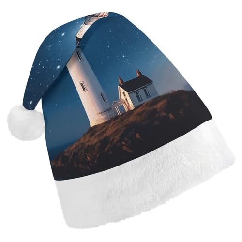 LQWOK Weihnachtsmütze, Leuchtturm unter Sternenhut, bedruckte Weihnachtsmütze, Winter-Weihnachtsmütze, Herren und Damen, Weihnachtsmannmütze von LQWOK