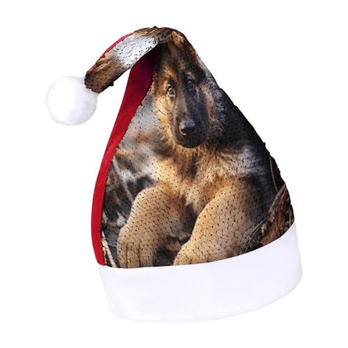 LQWOK Weihnachtsmütze, Motiv: Deutscher Schäferhund, Welpe, bedruckte Weihnachtsmütze, Wintermütze, für Herren und Damen von LQWOK