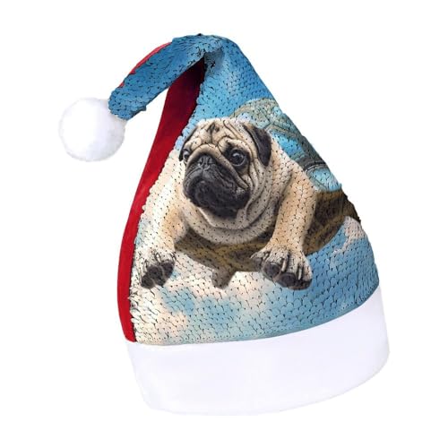 LQWOK Weihnachtsmütze, lustiger Mops-Hund in bedruckter Weihnachtsmütze, Winter-Weihnachtsmütze, Männer und Frauen, Weihnachtsmannmützen von LQWOK