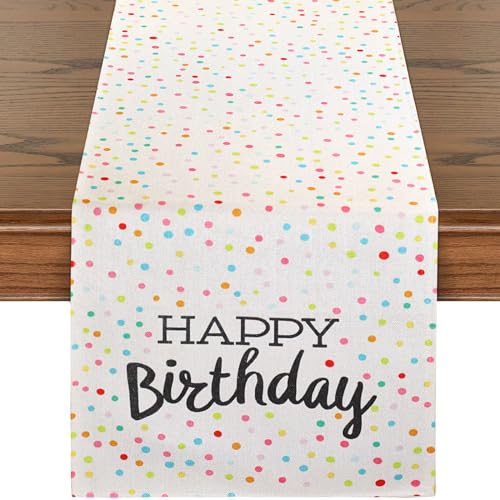 LRartdeco Tischdecke Happy Birthday Tischläufer Party Deko Geburtstag Bunt Tischdeko Geburtstag Table Runner Tischdecke 33x183cm Leinenoptik für Partys Geburtstage Feier Dekoration von LRartdeco