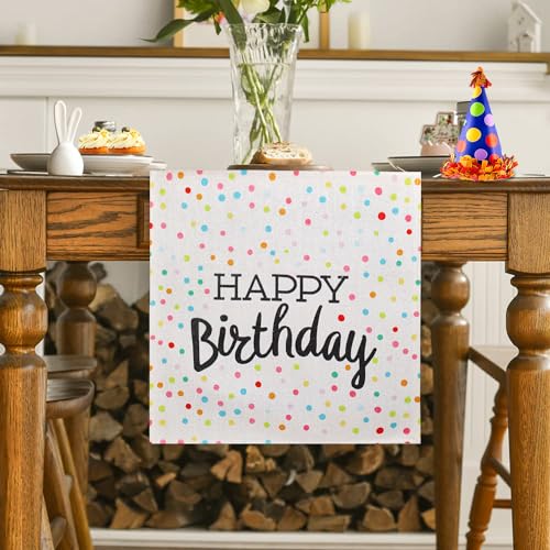 LRartdeco Tischläufer Deko Geburtstag Tischläufer Bunt Punkte Dekoration Tischlaufer Happy Birthday Bwaschbar Tischdecke 40x140cm Leinenoptik für Partys Geburtstagsdeko Feier Dekoration von LRartdeco