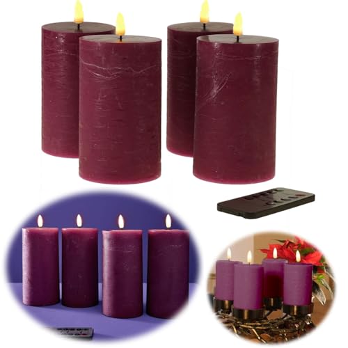 LS-LebenStil 3D LED Stumpenkerzen 4´er Set 15cm mit Timer Dimmer Fernbedienung flackernde Kerze bewegliche Flamme batteriebetrieben flammenlos Weihnachten Dekorationen Hochzeit Advent Batterie (Lila) von LS-LebenStil