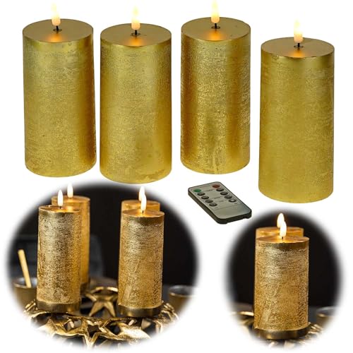 LS-LebenStil Exklusive 3D LED Stumpenkerzen 4´er Set Gold 15cm Timer Fernbedienung flackernde Kerze bewegliche Flamme von LS-LebenStil