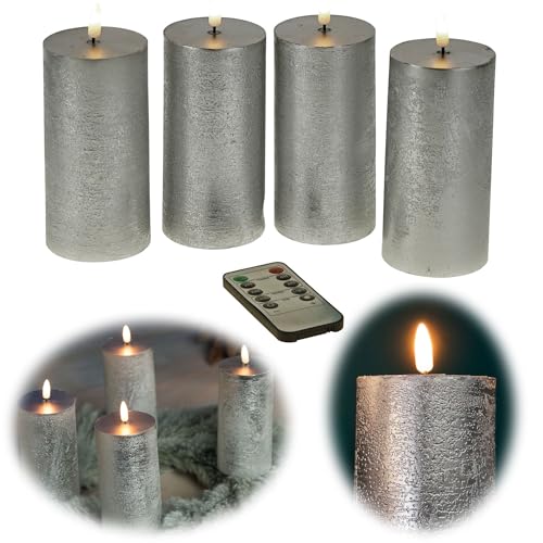 LS-LebenStil Exklusive 3D LED Stumpenkerzen 4´er Set Silber 15cm Timer Fernbedienung flackernde Kerze bewegliche Flamme von LS-LebenStil