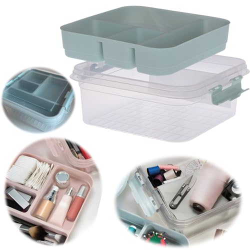 LS-LebenStil Sortierbox Aufbewahrungsbox 24cm Grün Stapelbox mit Deckel Kosmetik Organizer Nähkasten Einsatz Nähzubehör Kosmetik Make-Up 4 Fächer 2 Ebenen Box/Deckel durchsichtig transparent von LS-LebenStil