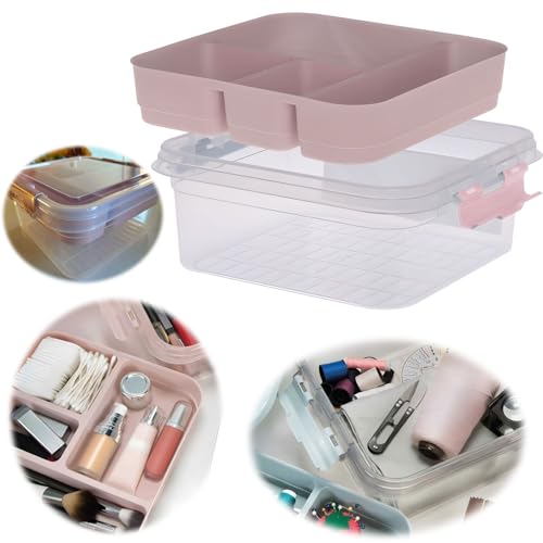 LS-LebenStil Sortierbox Aufbewahrungsbox 24cm Rosa Stapelbox mit Deckel Kosmetik Organizer Nähkasten Einsatz Nähzubehör Kosmetik Make-Up 4 Fächer 2 Ebenen Box/Deckel durchsichtig transparent von LS-LebenStil