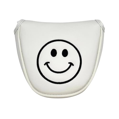 LSHIJI SchläGerkopfhüLlen 1 stück Lächelndes Gesicht Muster Golf Putter Abdeckung PU Leder Mallet Putter Abdeckung Magnetverschluss Golf Headcover Golf SchläGerhauben(White) von LSHIJI