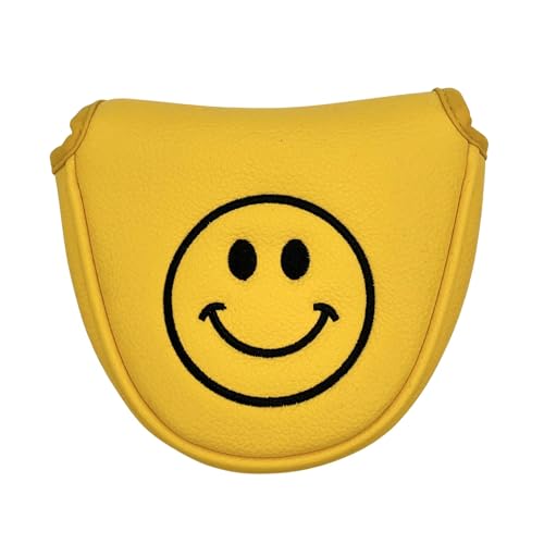 LSHIJI SchläGerkopfhüLlen 1 stück Lächelndes Gesicht Muster Golf Putter Abdeckung PU Leder Mallet Putter Abdeckung Magnetverschluss Golf Headcover Golf SchläGerhauben(Yellow) von LSHIJI