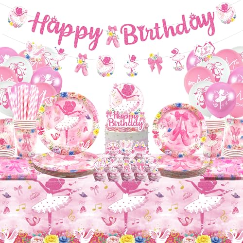 Ballerina Geburtstag Party Dekoration - Ballett Party Geschirr, Teller Tassen Servietten Ballerina Tischdecke Happy Birthday Banner Luftballons Kuchen Topper für Mädchen Frauen Tanzen Ballerina Party von LSJDEER