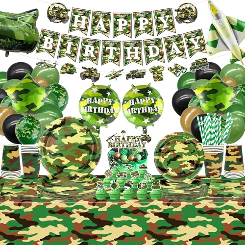 Camo Geburtstag Party Dekoration - Armee Party Supplies, Teller Tassen Servietten Camo Tischdecke Happy Birthday Banner Luftballons Kuchen Topper für Junge Tarnungen Jagd Militär Party Supplies von LSJDEER