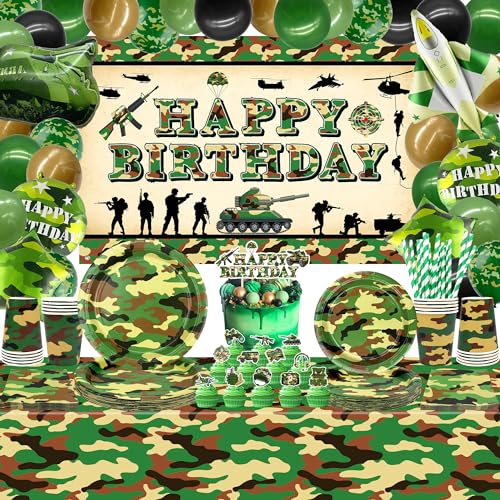 Camo Geburtstagsparty-Dekoration – Armee-Partyzubehör, Teller, Becher, Servietten, Camouflage, Tischdecke, Happy Birthday, Hintergrund, Luftballons, Kuchendekoration für Jungen, Camouflage, Jagd, von LSJDEER