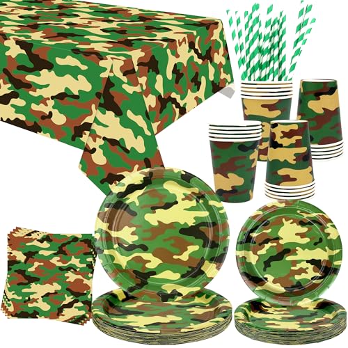 Camo Partyzubehör – Armee-Partygeschirr – Speiseteller, Desserts, Teller, Becher, Servietten, Tischdecke, Strohhalme für Jungen, Tarnungen, Jagd, Militär-Partyzubehör, 20 Stück von LSJDEER