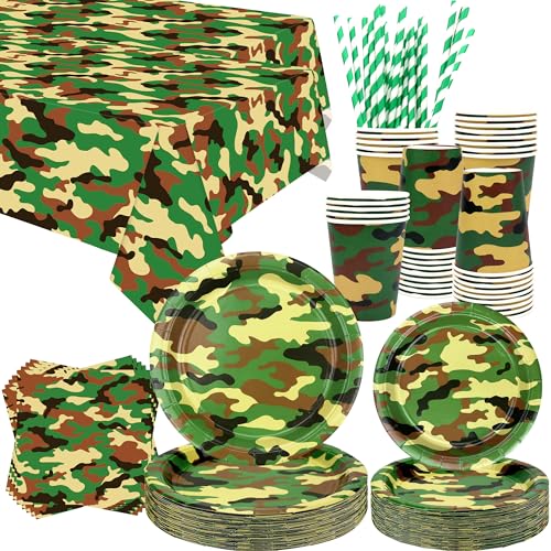 Camo Partyzubehör - Armee Partygeschirr - Speiseteller Desserts Teller Becher Servietten Tischdecke Strohhalme für Jungen Tarnungen Jagd Militär Party Supplies, Serves 40 (40) von LSJDEER