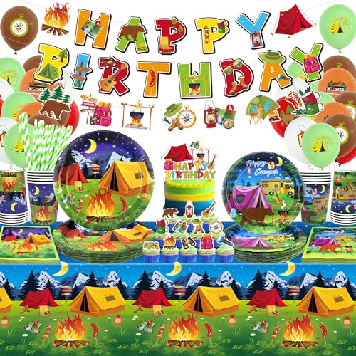 Camping Geburtstag Party Dekoration - Camping Party Geschirr, Teller Becher Servietten Camping Tischdecke Happy Birthday Banner Luftballons Kuchen Topper für Junge Camper Lagerfeuer Wald Picknick von LSJDEER