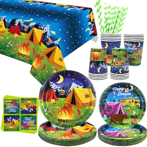 Camping-Partyzubehör – Camping-Partygeschirr – Speiseteller, Desserts, Teller, Becher, Servietten, Tischdecke, Strohhalme für Jungen, Camper, Lagerfeuer, Wald, Picknick, Abenteuer, Partyzubehör, 20 von LSJDEER