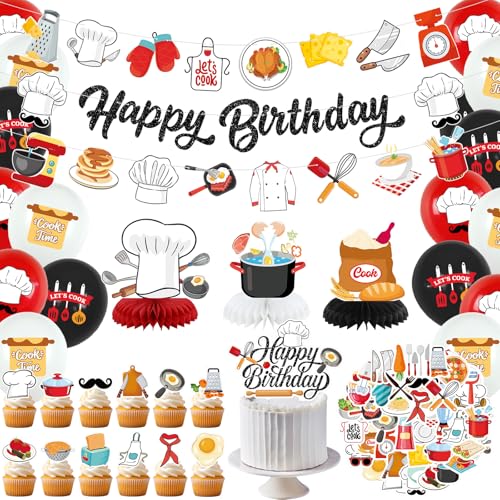 Chef-Party-Dekorationen, Geburtstagsdekoration für Koch, inklusive Banner "Happy Birthday", Kuchendekoration, Wabenaufsätze, Aufkleber und Luftballons für Koch, Kochen, Küchenutensilien Chef-Party-Dekorationen, Geburtstagsdekoration für Koch, inklusive Banner "Happy Birthday", Kuchendekoration, Wabenaufsätze, Aufkleber und Luftballons für Koch, Kochen, Küchenutensilien von LSJDEER