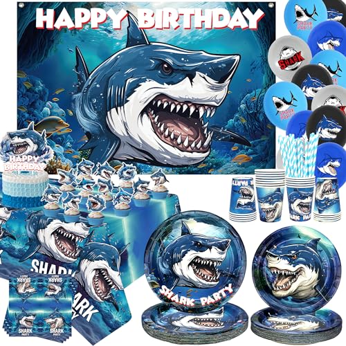 DekorationspaketShark Geburtstag Party Dekoration - Shark Party Favors, Teller Tassen Servietten Tischdecke Happy Birthday Backdrop Ballons Arch Cake Toppers für Jungen Ozean Hai Thema Party Supplies von LSJDEER