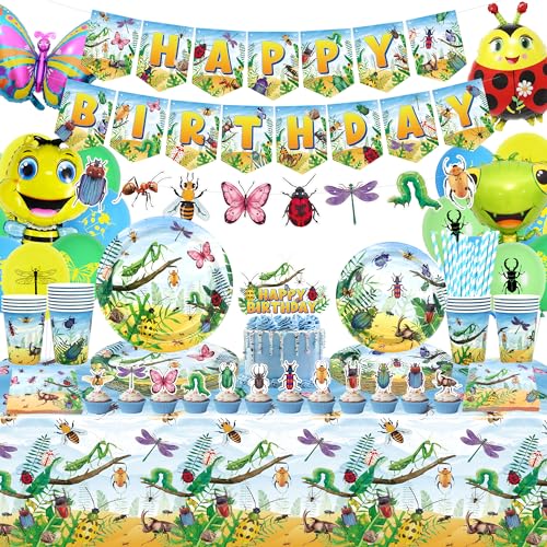 LSJDEER Insekt Geburtstag Party Dekorationen Bugs Party Supplies, Teller Tassen Servietten Tischdecke Alles Gute zum Geburtstag Banner Ballon Kuchen Toppers für Klasse Büro Garten Reptile Baby Dusche von LSJDEER