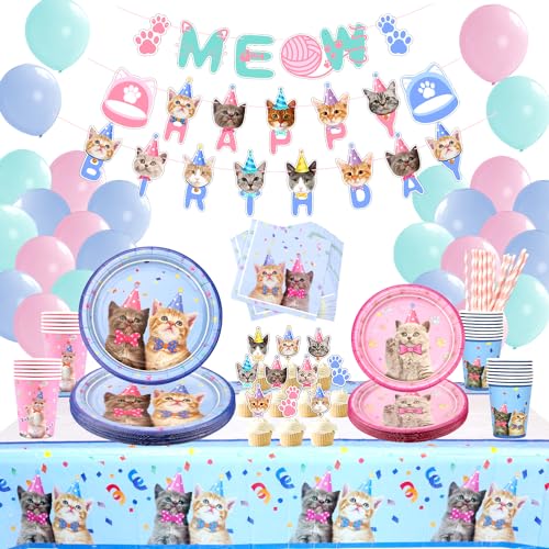 LSJDEER 210 stück cat partyzubehör dekoration set, kätzchen wegwerfgeschirr einschließlich alles gute zum geburtstag banner macaron ballons abendessen teller dessertteller servietten von LSJDEER