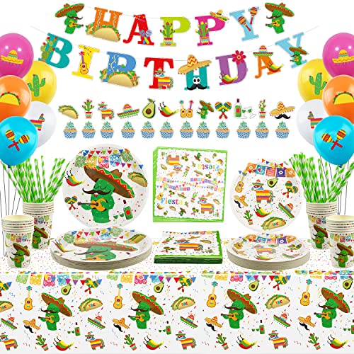 LSJDEER 226 Stück mexikanisches Partyzubehör – Pappteller, Becher, Servietten, Strohhalme, Luftballon, Tischdecke, Happy Birthday-Banner für Cinco de Mayo, für 24 Personen von LSJDEER