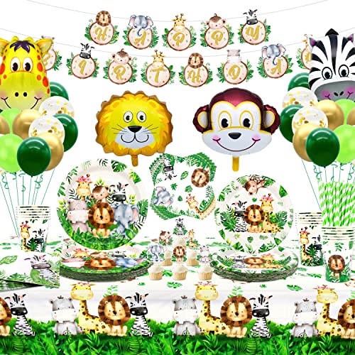 LSJDEER Dschungel-Safari-Partyzubehör-Set – Enthält Banner, Teller, Tischdecken, Servietten, Strohhalme, Ballonbecher, Tortenaufsatz für Babypartys mit Zootieren, Wild – für 20 Personen von LSJDEER