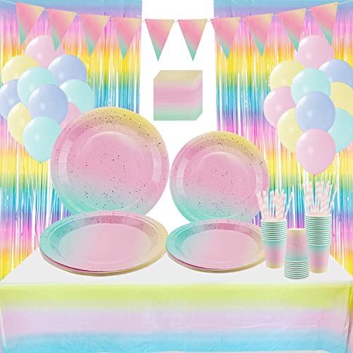 Gold Dot Party Geschirr Supplies - Serves 25, Rainbow Pastell Party Dekoration Geschirr umfasst Teller, Becher, Servietten, Strohhalme, Banner, Tischdecke, Folienvorhänge von LSJDEER