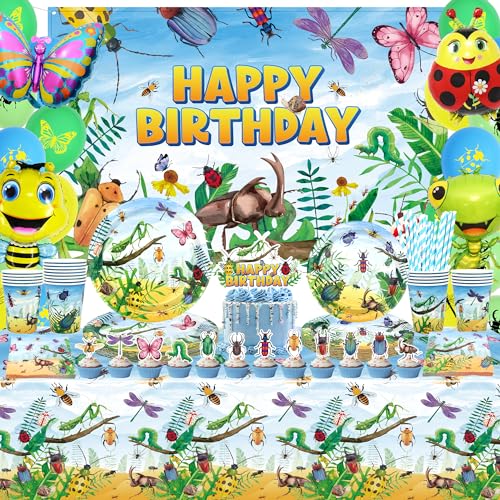 LSJDEER Insekt Geburtstag Party Dekorationen - Bugs Party Supplies, Teller Tassen Servietten Tischdecke Happy Birthday Backdrop Ballon Kuchen Toppers für Klasse Büro Garten Reptil Baby Shower von LSJDEER