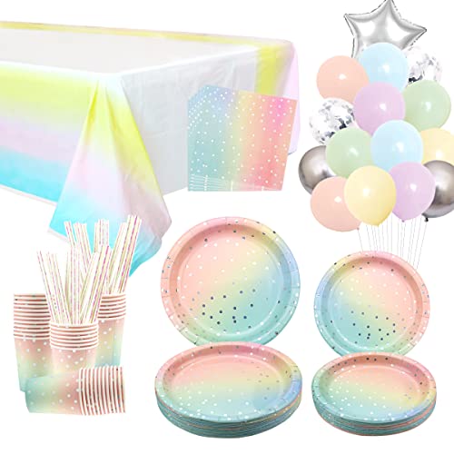 LSJDEER Silber-Punkt-Regenbogen-Party-Geschirr-Zubehör – Teller, Tassen, Servietten, Trinkhalme, Ballon, Tischdecke für Regenbogen-Pastell-Geburtstag, Babyparty, Hochzeit, Party-Dekoration, 25 Stück von LSJDEER