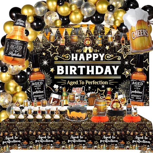 LSJDEER Whisky-Geburtstagsparty-Dekorationen – gealtert bis zur Perfektion, HAPPY BIRTHDAY-Hintergrund, schwarze Champagner-Gold-Luftballons, Girlande, Wein-Kuchenaufsatz, Tafelaufsatz, Tischdecke von LSJDEER