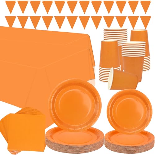 Orange Party Geschirr Supplies - Serves 40, Orange Pastell Party Dekoration Geschirr beinhaltet Teller, Becher, Servietten, Banner, Tischdecke für Abschlussfeier, Hochzeit, Geburtstagsfeier (Orange + von LSJDEER