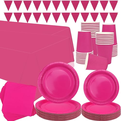 Partygeschirr in Rosenrosa – für 40 Personen, rosa Pastell-Party-Dekoration, Geschirr inklusive Teller, Becher, Servietten, Banner, Tischdecke für Abschlussfeier, Hochzeit, Geburtstag (Rose (Rosa) + von LSJDEER