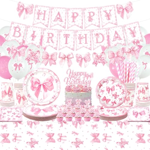 Rosa Schleife Geburtstag Dekorationen - Schleife Party Geschirr, Teller Tassen Servietten Bogen Party Tischdecke Happy Birthday Banner Luftballons Kuchen Topper für Kokette Geburtstag Dekorationen von LSJDEER