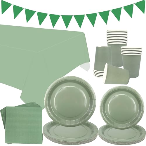 Salbeigrün Partygeschirr Supplies - Serves 20, Salbeigrün Pastell Party Dekoration Geschirr beinhaltet Teller, Becher, Servietten, Banner, Tischdecke für Abschlussfeier, Hochzeit, Geburtstagsfeier von LSJDEER