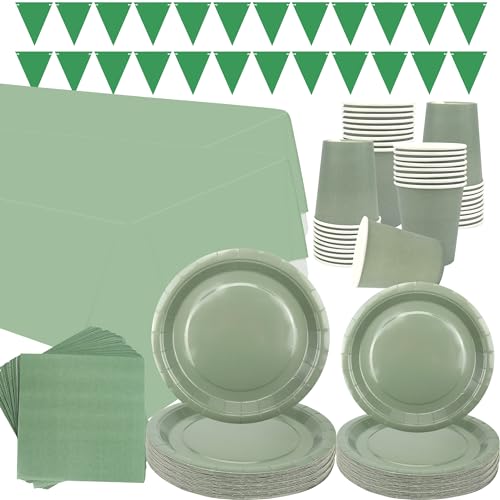 Salbeigrün Partygeschirr Supplies - Serves 40, Salbeigrün Pastell Party Dekoration Geschirr beinhaltet Teller, Becher, Servietten, Banner, Tischdecke für Abschlussfeier, Hochzeit, Geburtstagsfeier von LSJDEER