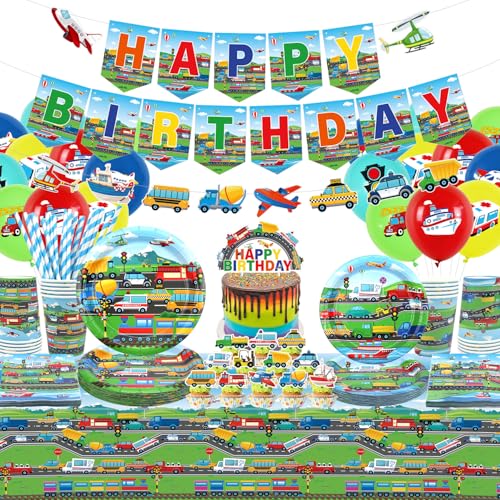 Transport Geburtstag Party Dekorationen - Transport Party Supplies, Teller Becher Servietten Tischdecke Happy Birthday Banner Ballon Kuchen Topper für LKW Autos Bau Party Supplies von LSJDEER