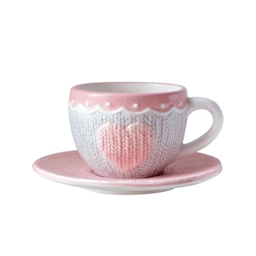 LSYHHXC 250ml Keramik Teetasse und Untertasse Set Kawaii Bowknot Kaffeetasse Teller rosa Wolle Stricken Becher von LSYHHXC