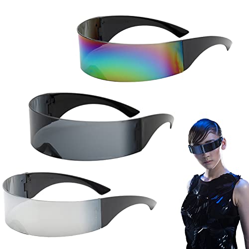 LSYYSL 3 Paar futuristische Sonnenbrillen, lustige verspiegelte Partybrillen, schlanke Weltraum-Alien-Brille für Halloween, Cosplay, Karneval, Club (Grau, Silber, Bunt) von LSYYSL