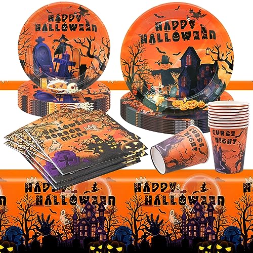 51-teiliges Halloween-Party-Geschirr-Set, Halloween-Geschirr-Set enthält 20 Pappteller, 10 Becher, 20 Servietten und 1 Tischdecke für Hallowe von LTHERMELK