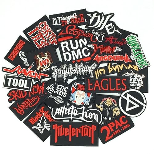 27 Stück/Lot Mixed Patches Lot Band Rock Punk Musik Stickerei Patches Aufbügler für Jacke, Jeans, Rucksäcke, Hut, verschiedene Abzeichen, Kleidung, DIY Applikation Streifen (B) von LTPATCH